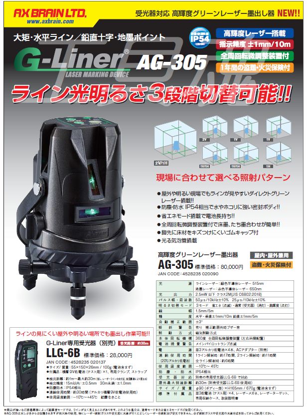 アックスブレーン 受光器対応 高輝度グリーンレーザー墨出し器(屋内・屋外兼用) AG-305 - 2