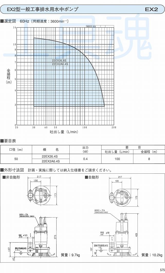 荏原水中ポンプ 22EX26.4S 100V 60Hz